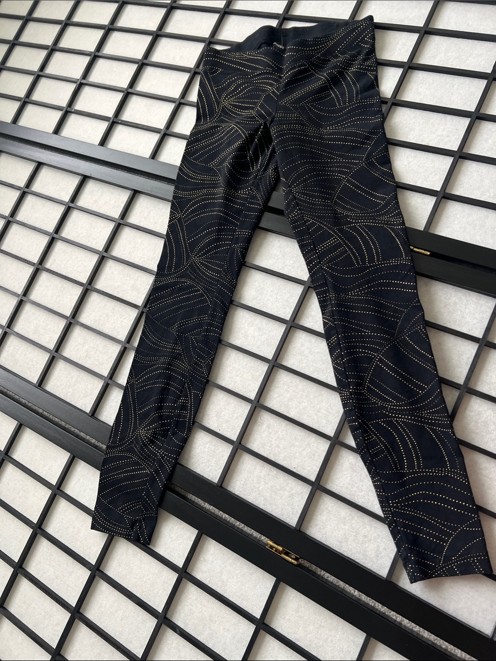 Black Leggings with Gold Dot Wave Print